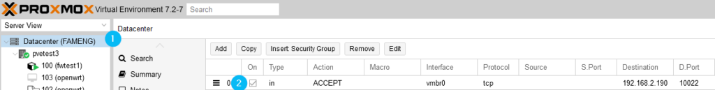 Proxmox: Settings for the datacenter firewall to enable incoming traffic on port 10022