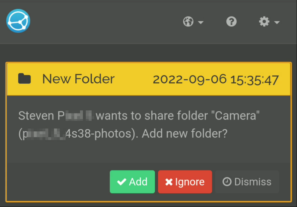 Confirmation popup on the server to allow sync of the camera folder