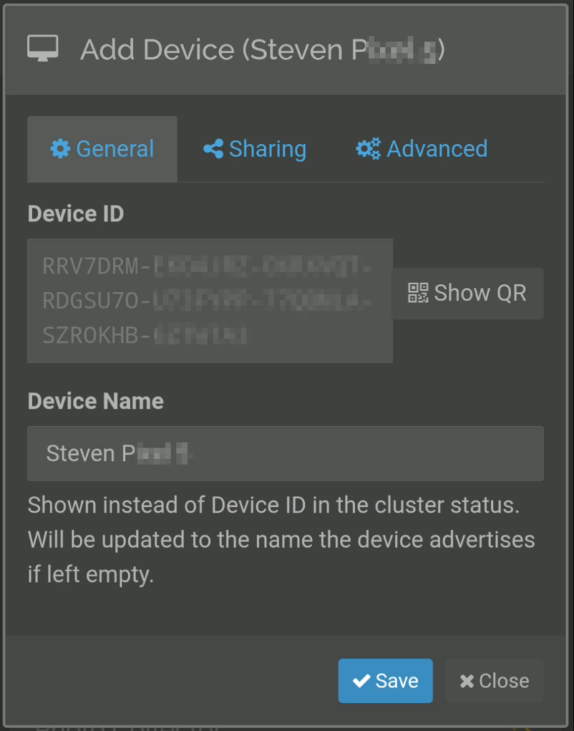 General tab of the device adding wizard